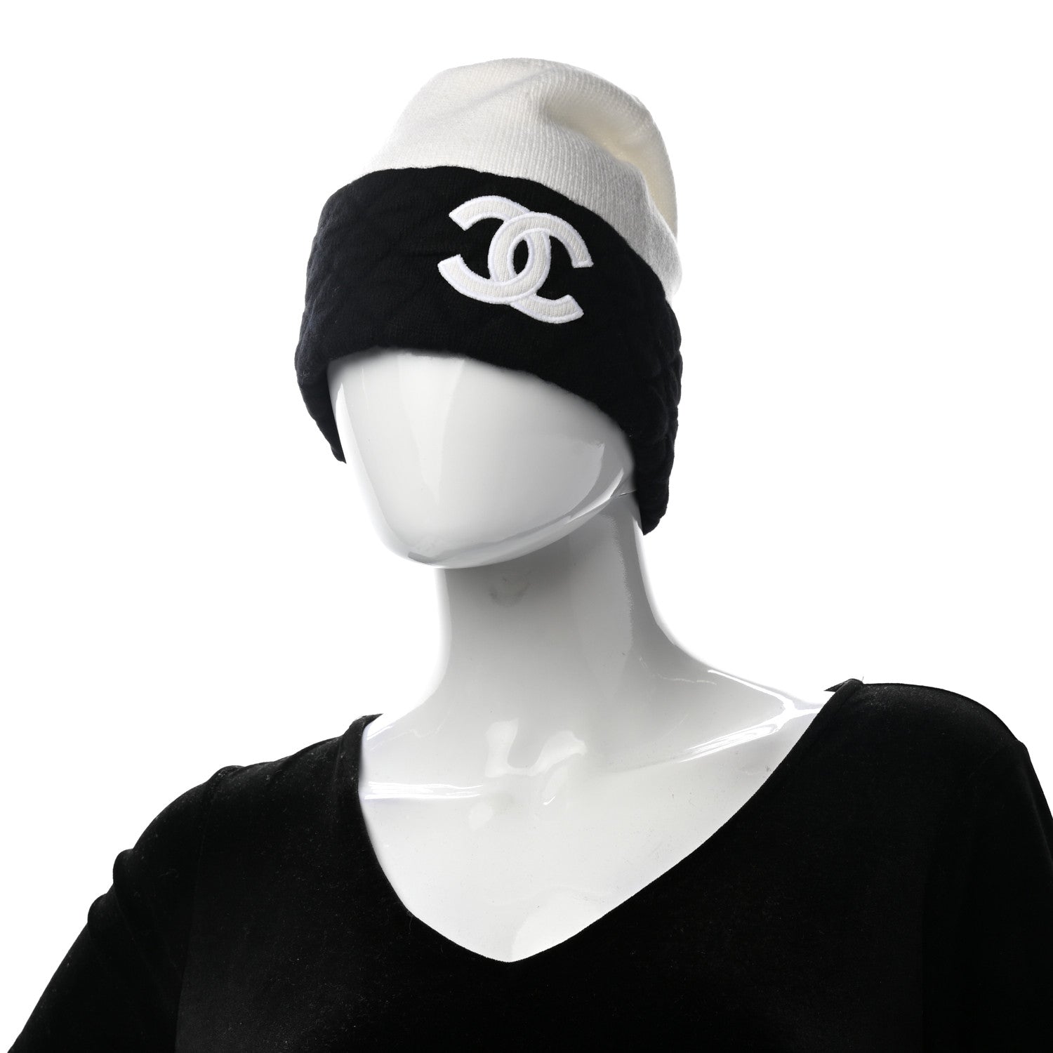 Chanel Cashmere Quilted CC Beanie Hat White Black 2 of 4