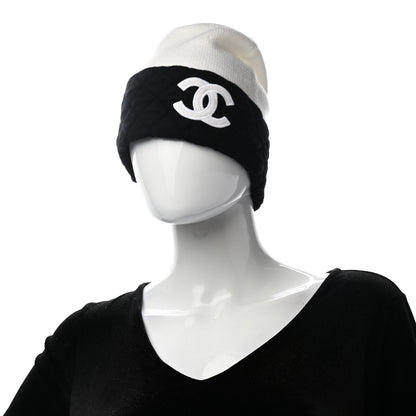 Chanel Cashmere Quilted CC Beanie Hat White Black 2 of 4