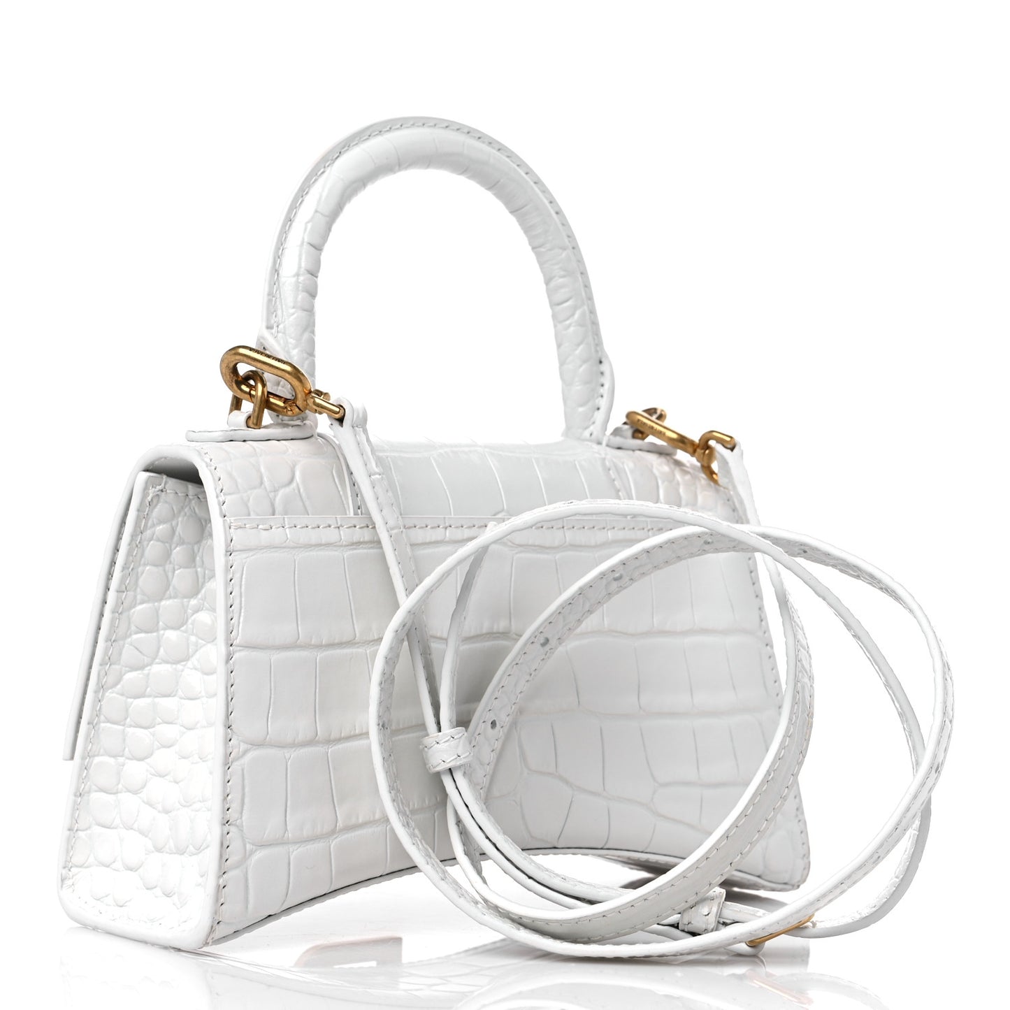 Shiny Calfskin Crocodile Embossed Hourglass Top Handle Bag XS White