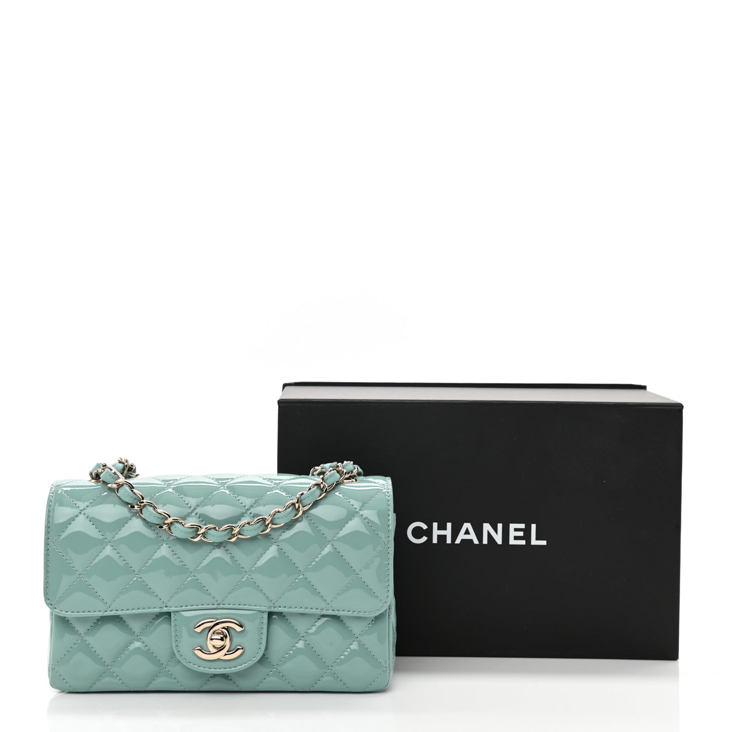 Patent Calfskin Quilted Mini Rectangular Flap Light Blue