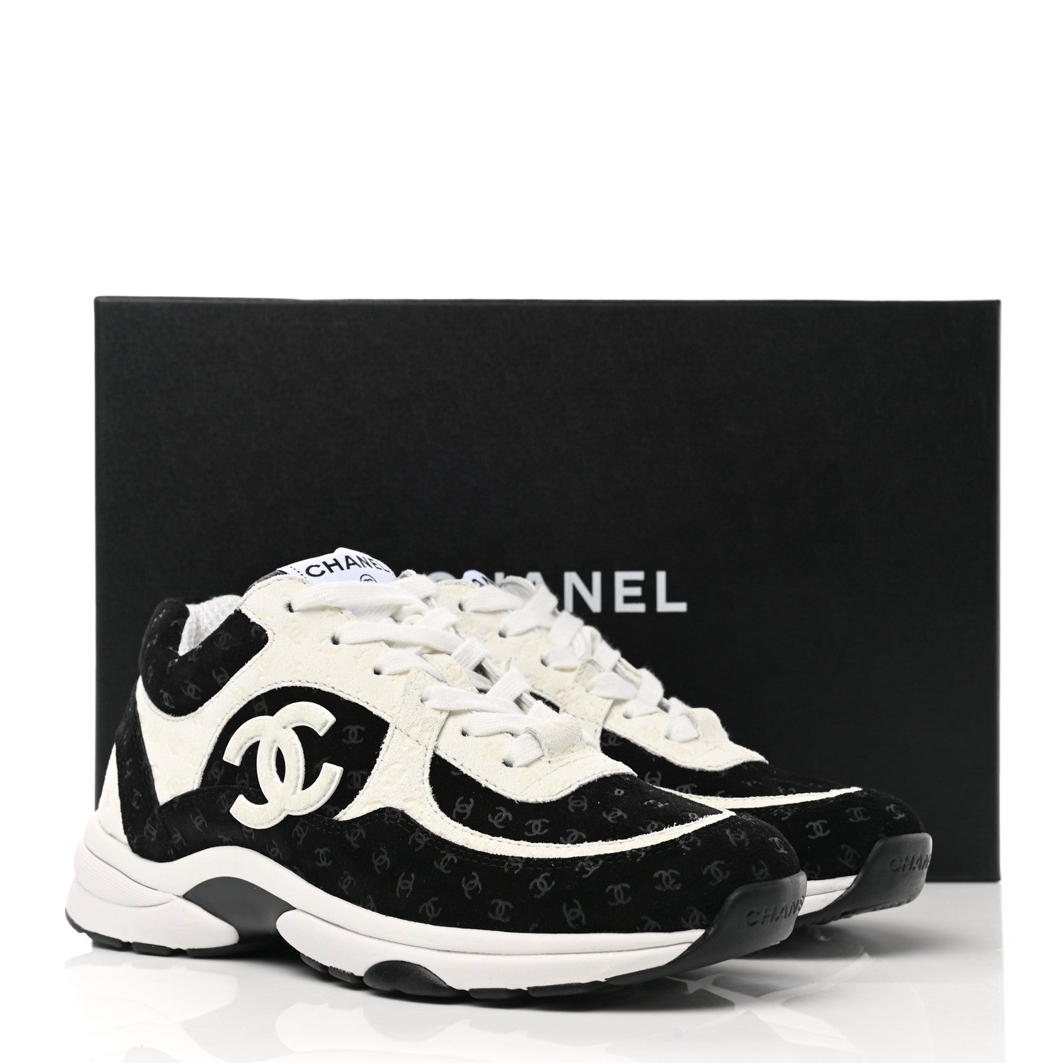 Chanel Suede Calfskin Printed CC Sneakers 36.5 Black White 8 of 8