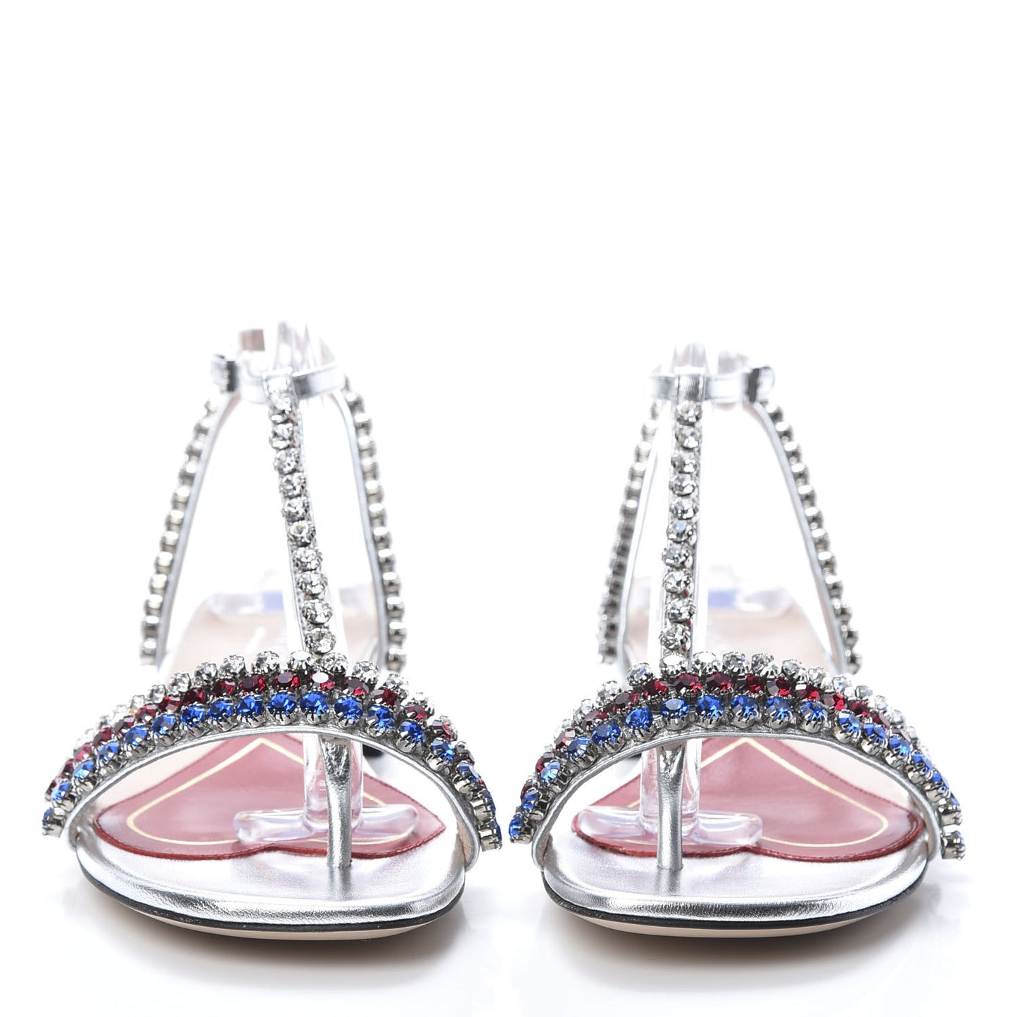 Nappa Silk Crystal Bertie T-Strap Low Heel Sandals 36 Argento