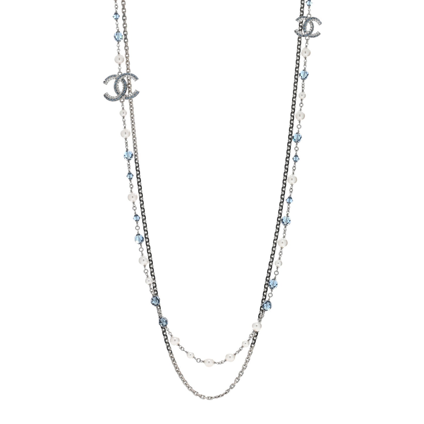 Pearl Crystal Bead CC Long Necklace Silver Blue