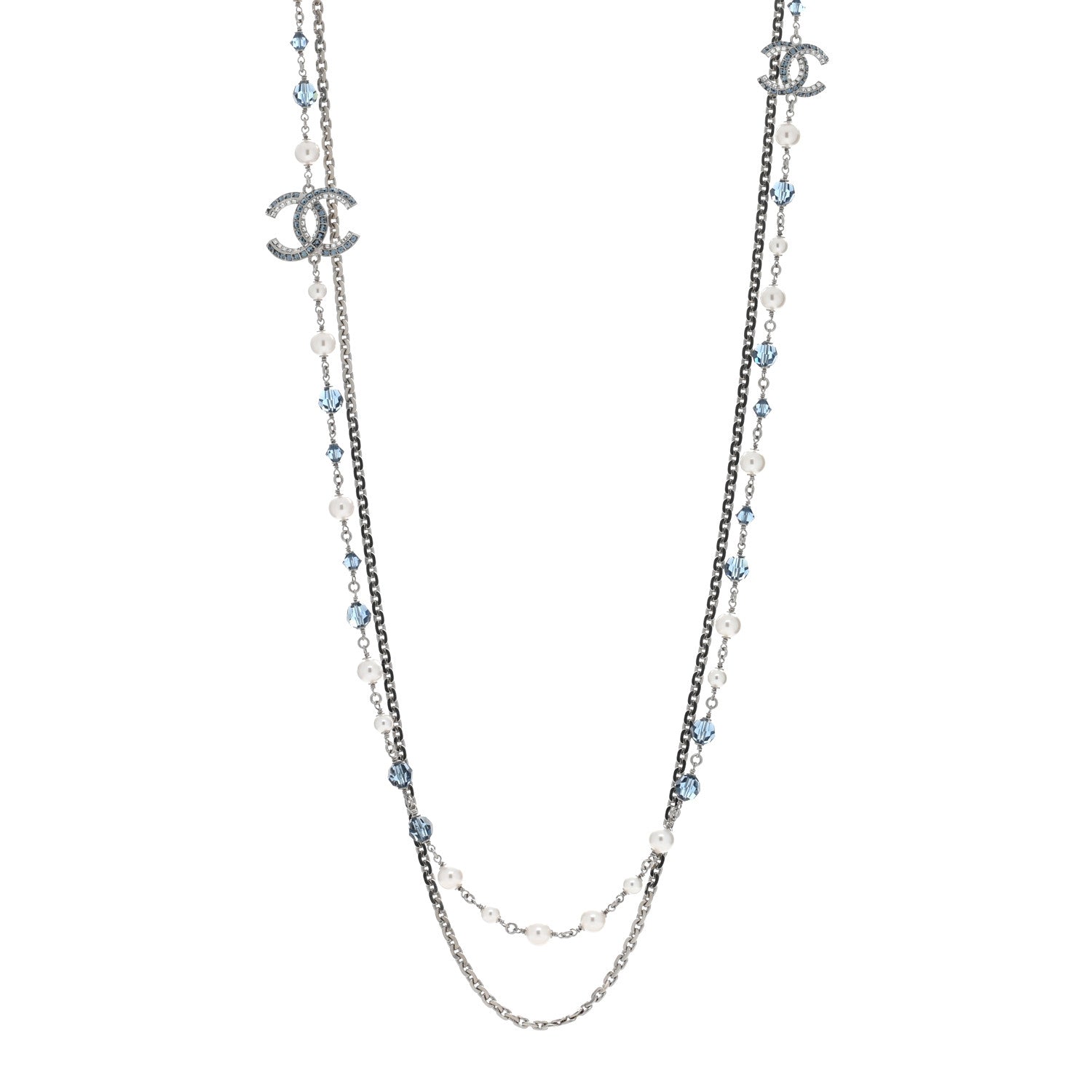 Chanel Pearl Crystal Bead CC Long Necklace Silver Blue 1 of 4