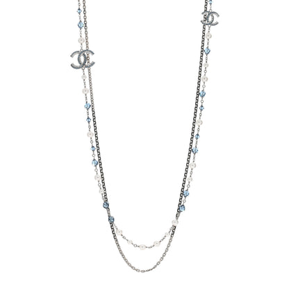 Chanel Pearl Crystal Bead CC Long Necklace Silver Blue 1 of 4
