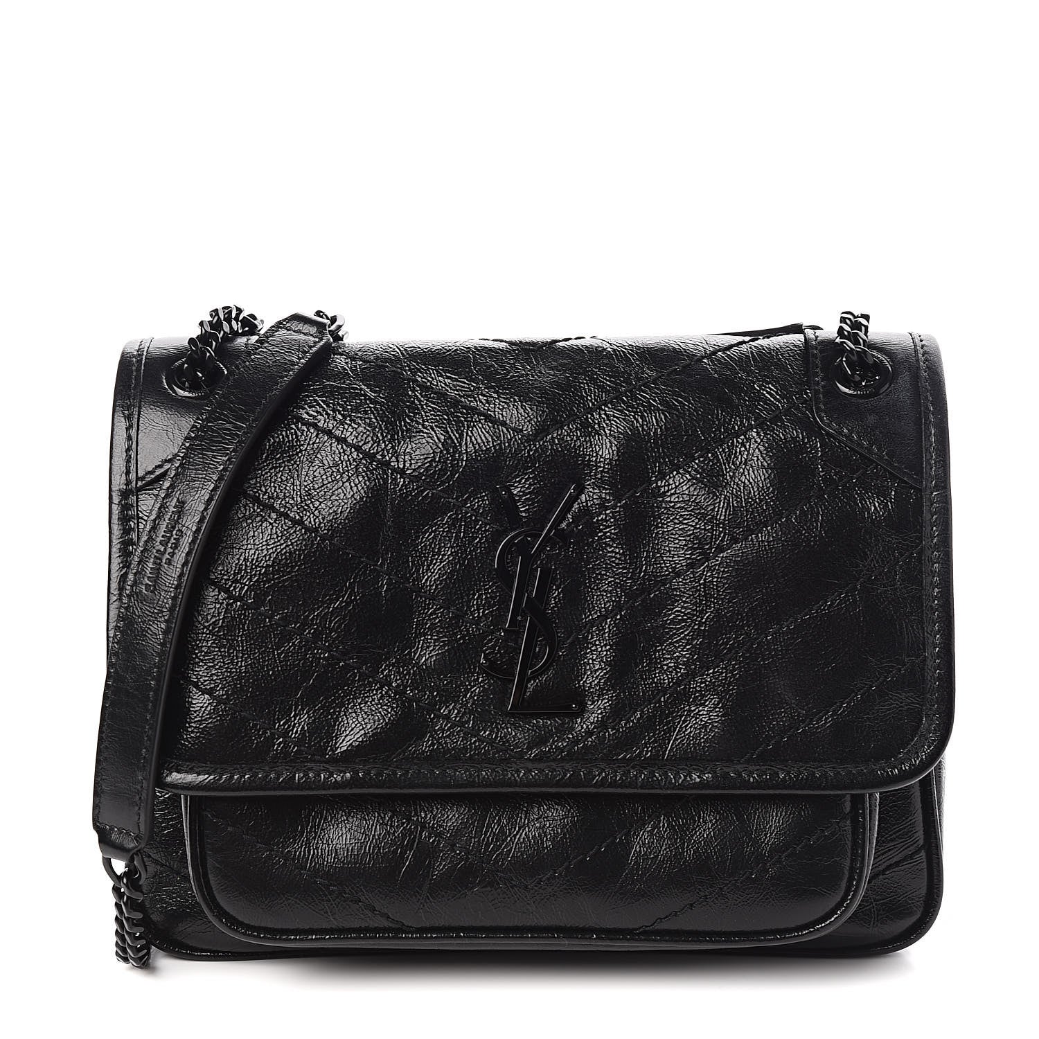 Saint Laurent Crinkled Calfskin Matelasse Monogram Baby Niki Chain Satchel Black 1 of 10