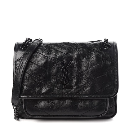 Saint Laurent Crinkled Calfskin Matelasse Monogram Baby Niki Chain Satchel Black 1 of 10
