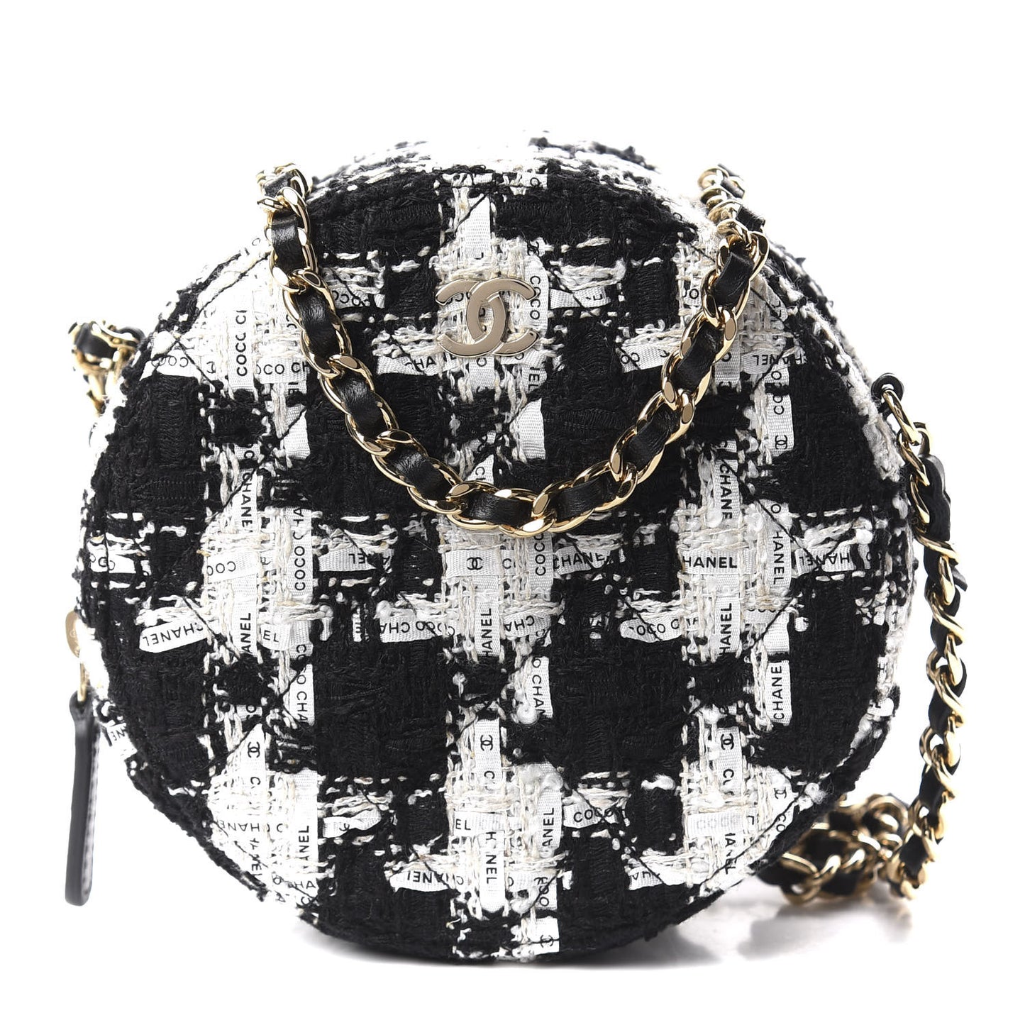Tweed Quilted Round Clutch With Chain Black Ecru White
