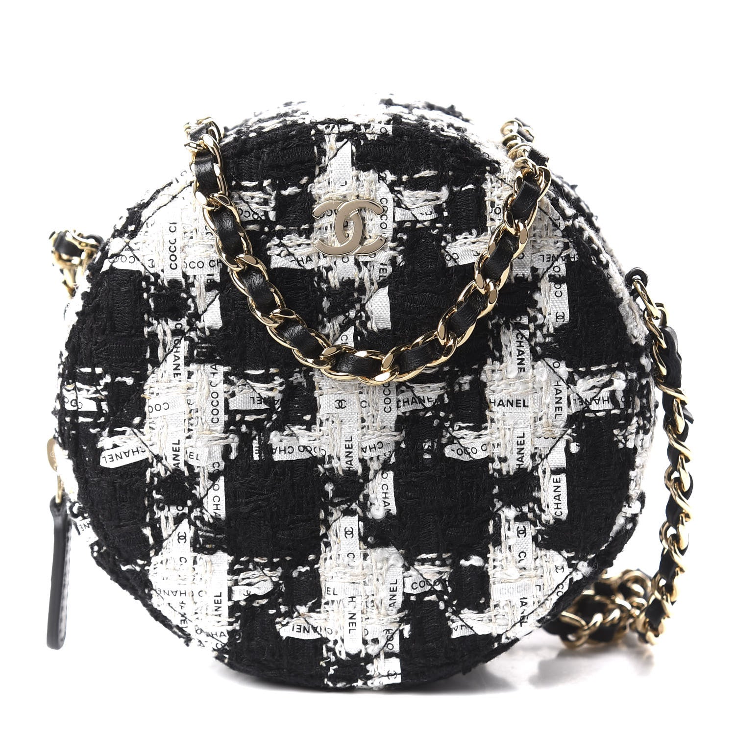 Chanel Tweed Quilted Round Clutch With Chain Black Ecru White 1 of 10