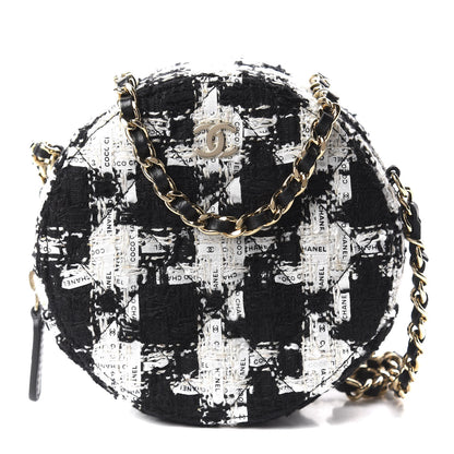 Chanel Tweed Quilted Round Clutch With Chain Black Ecru White 1 of 10