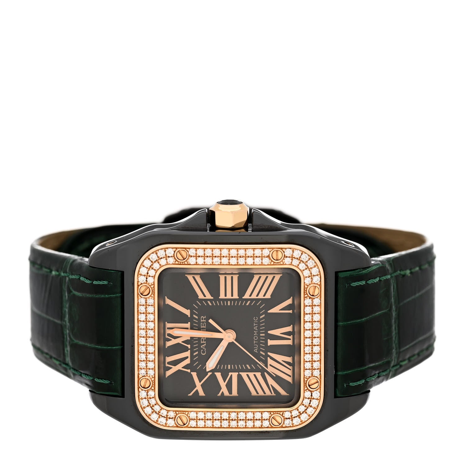 Cartier DLC Stainless Steel 18K Yellow Gold Alligator Diamond Bezel 33mm Santos Automatic Watch Black 2 of 4