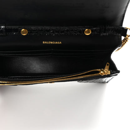 Balenciaga Shiny Calfskin Crocodile Embossed Hourglass Chain Bag Black 5 of 9