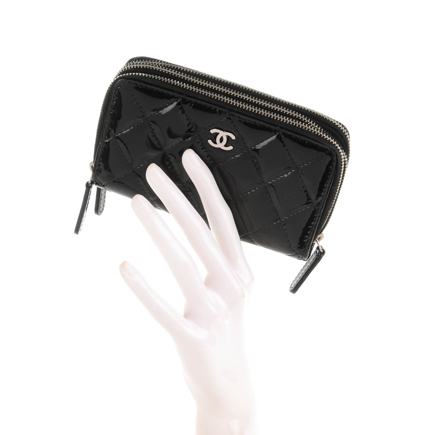 Patent Quilted Small Triple Zipper Wallet Black