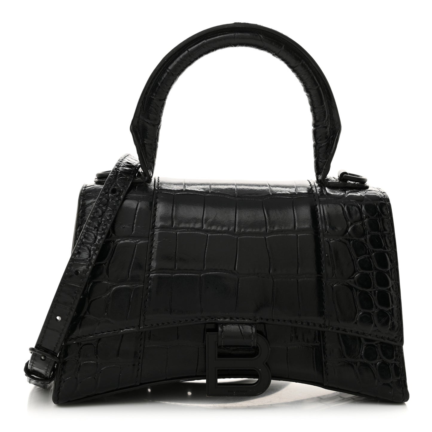 Shiny Calfskin Monochrome Crocodile Embossed Hourglass Top Handle Bag XS Black