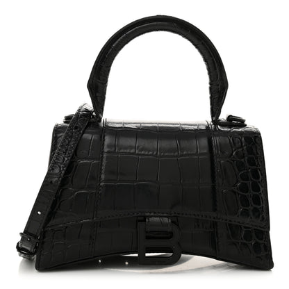 Balenciaga Shiny Calfskin Monochrome Crocodile Embossed Hourglass Top Handle Bag XS Black 1 of 13
