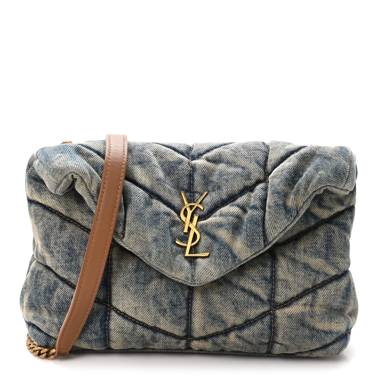 Denim Quilted Small Loulou Puffer Monogram Chain Satchel Blue Cinnamon