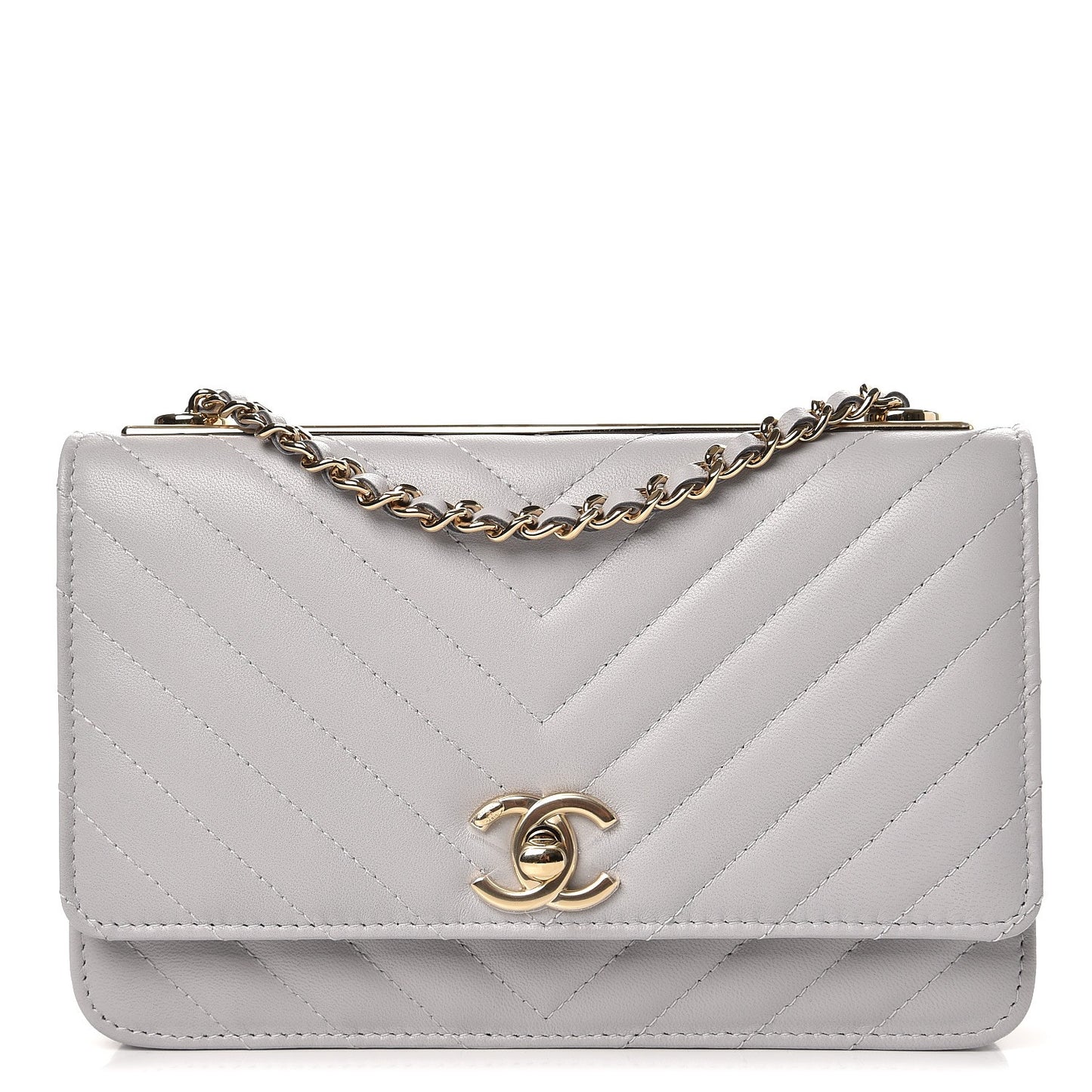 Lambskin Chevron Quilted Trendy CC Wallet On Chain WOC Grey