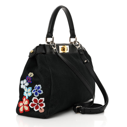Fendi Denim Vitello Dolce QuTweet Beaded Medium Peekaboo Iconic Satchel Dark Blue Multicolor Black 3 of 12