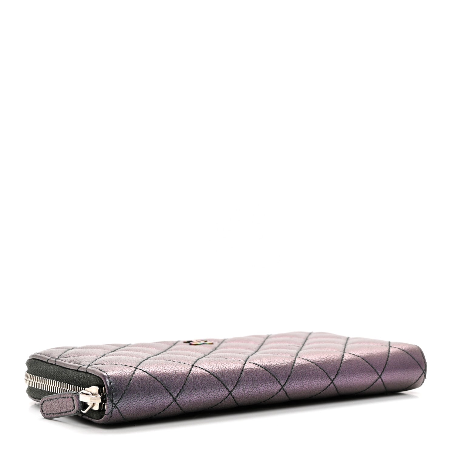 Chanel Iridescent Goatskin Quilted Large Zip Around Wallet Purple 4 of 9