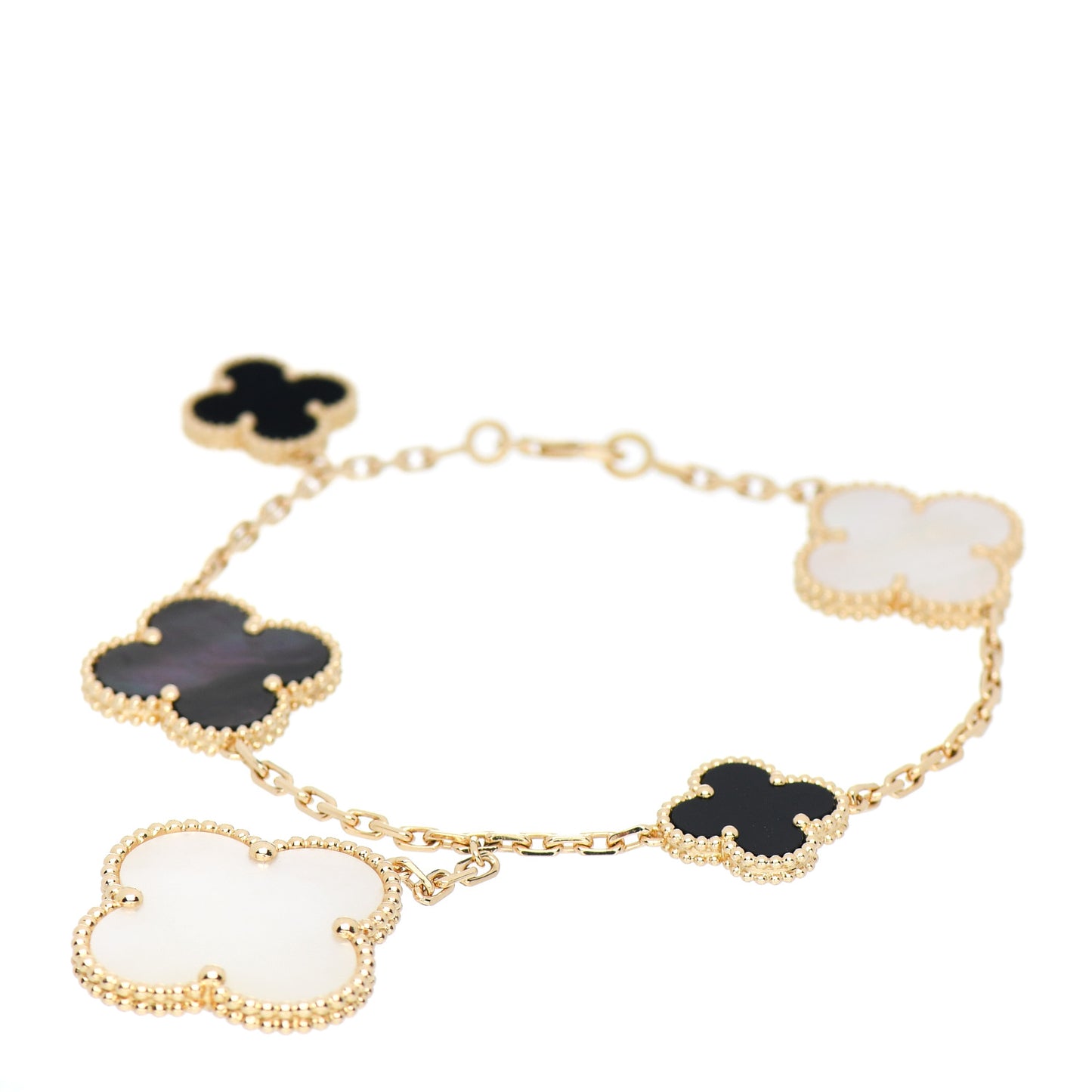18K Yellow Gold Grey Mother of Pearl Black Onyx 5 Motifs Magic Alhambra Bracelet