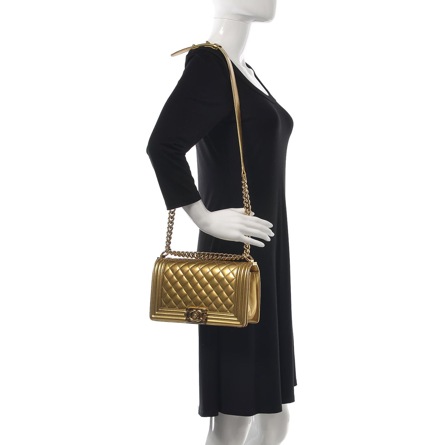 Metallic Patent Calfskin Quilted Medium Boy Flap Gold