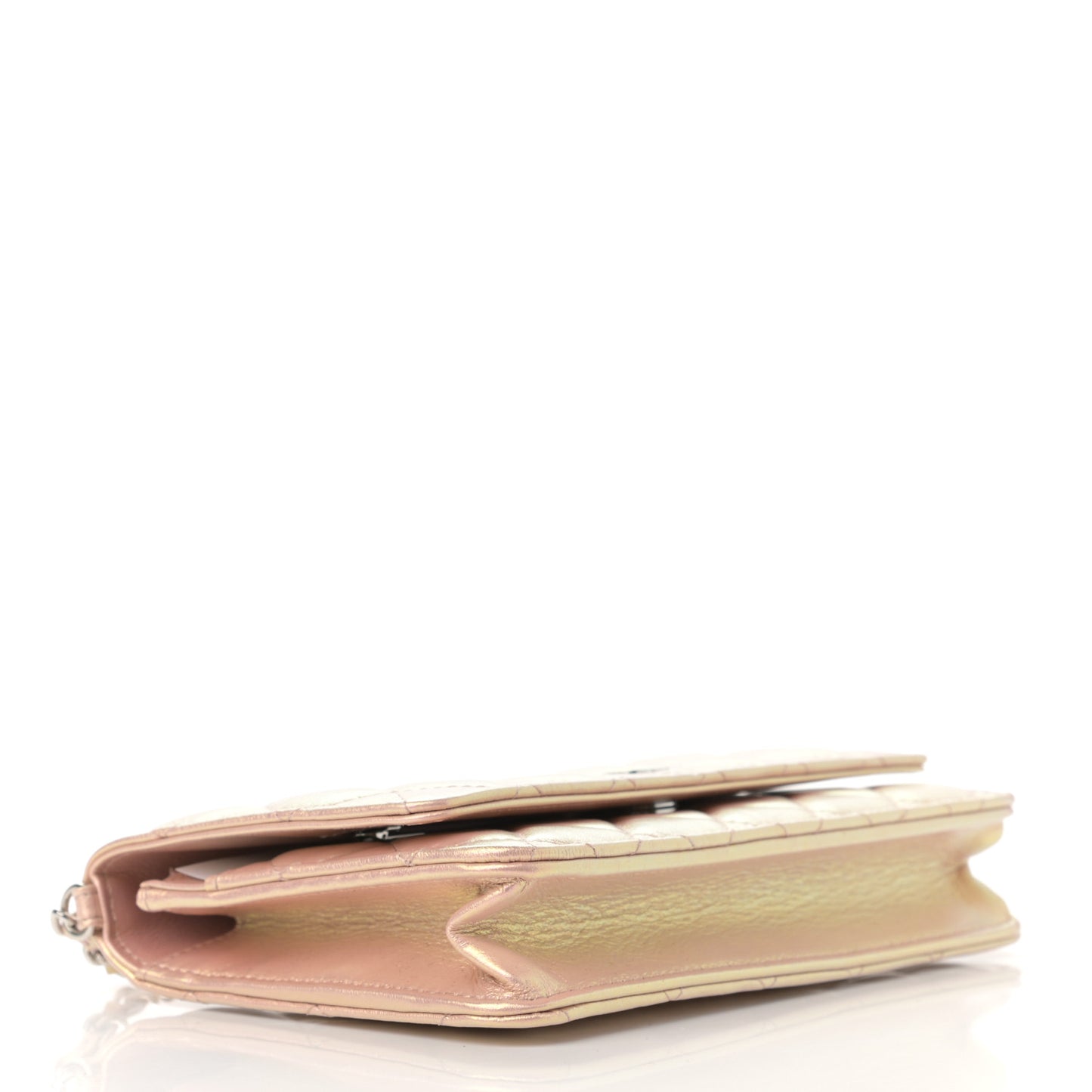 Iridescent Calfskin Quilted Wallet On Chain WOC Pink