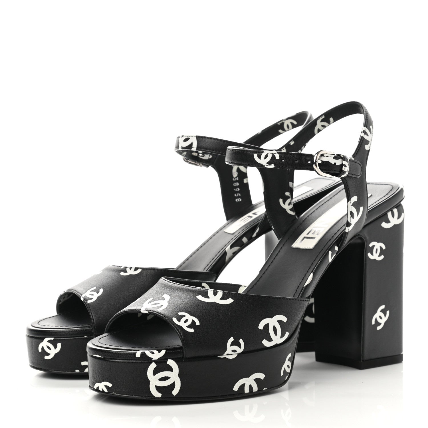 Chanel Printed Lambskin CC Platform Sandals 39 Black White 3 of 9