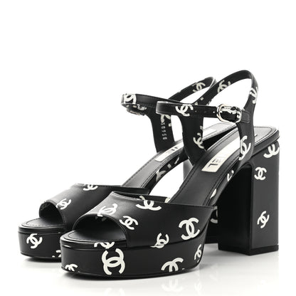 Chanel Printed Lambskin CC Platform Sandals 39 Black White 3 of 9
