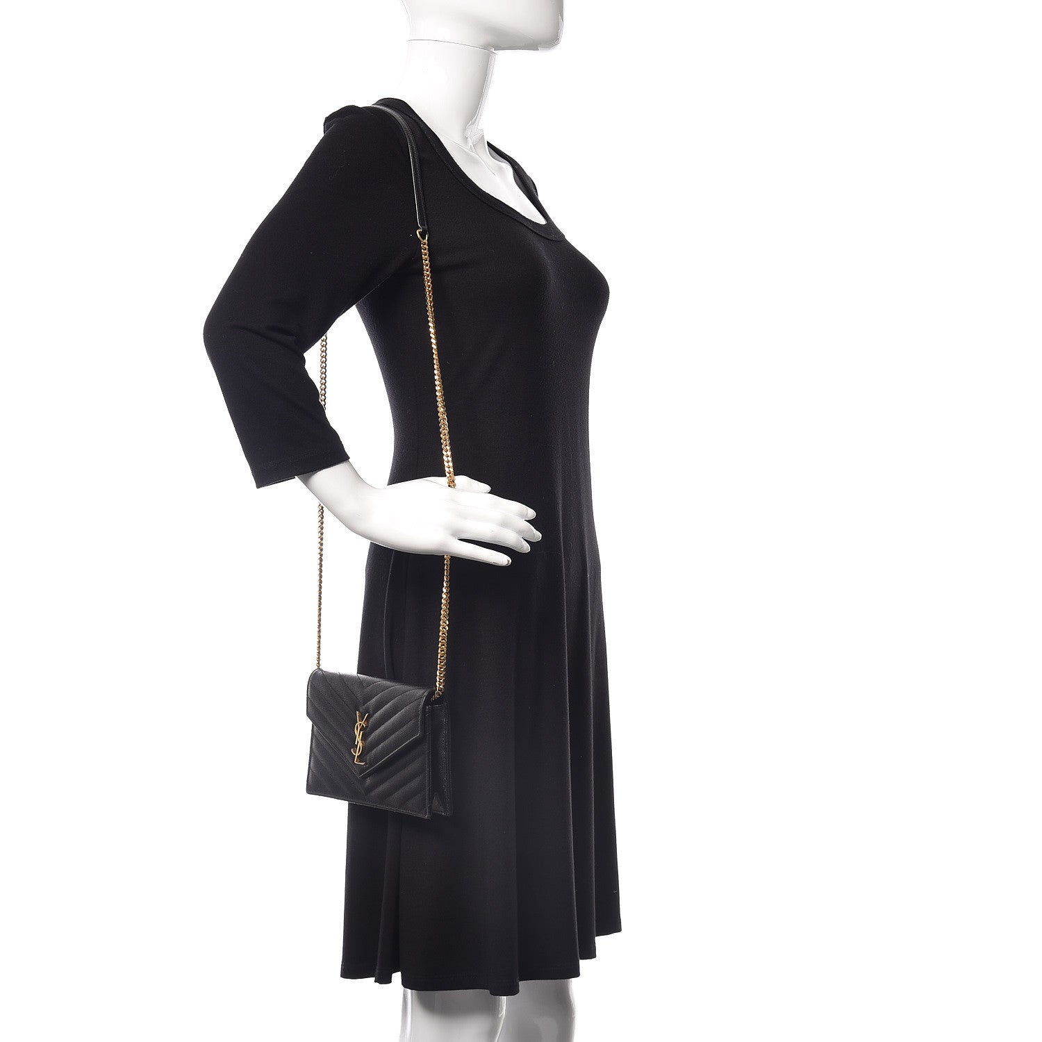 Saint Laurent Grain De Poudre Matelasse Chevron Monogram Envelope Chain Wallet Black 2 of 8