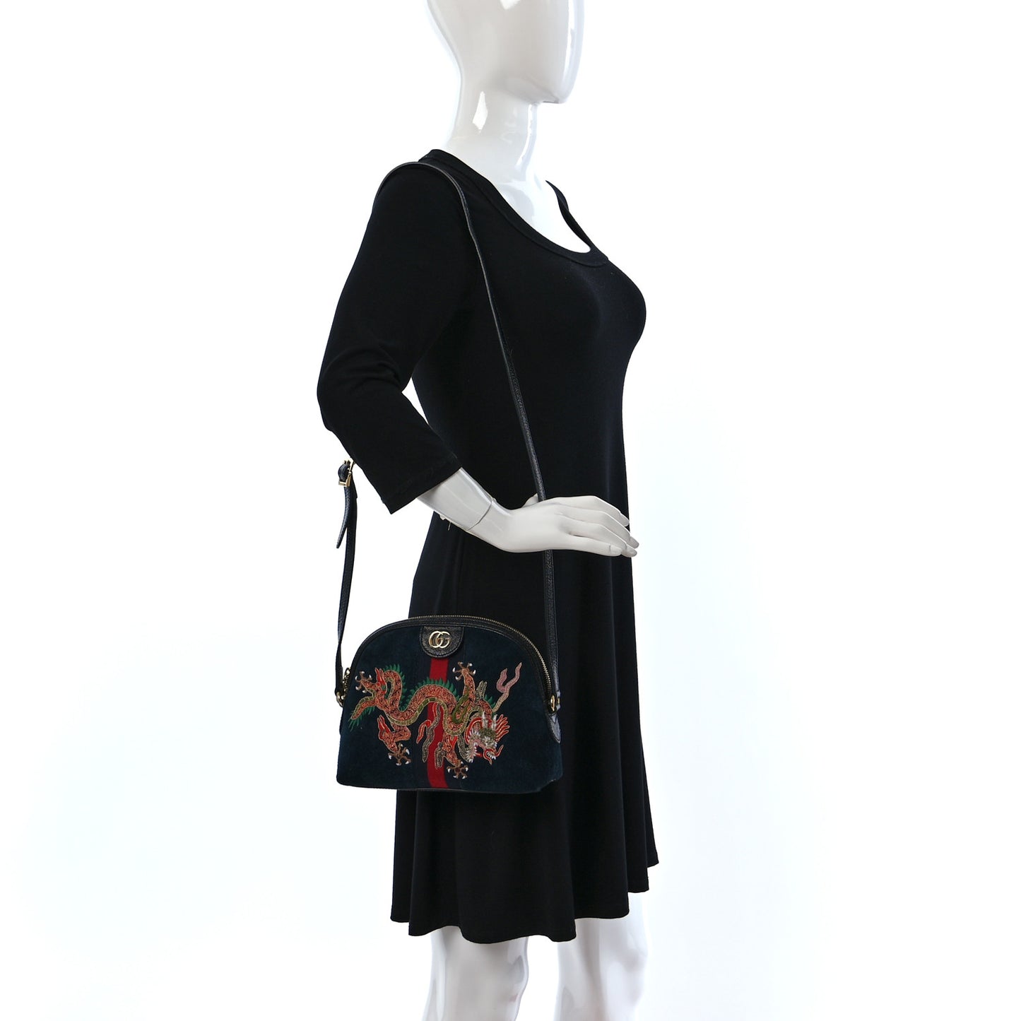 Suede Patent Dragon Embroidered Small Ophidia Dome Shoulder Bag Blue Multicolor