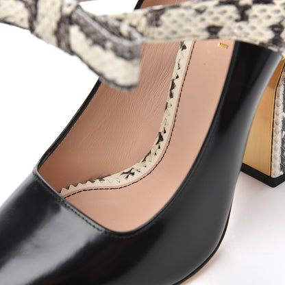 Gucci Polished Calfskin Elaphe Nimue Bow Mary Jane Pumps 37.5 Black Roccia 10 of 18