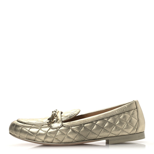 Metallic Lambskin Quilted Womens Chain CC Loafers 39.5 Gold