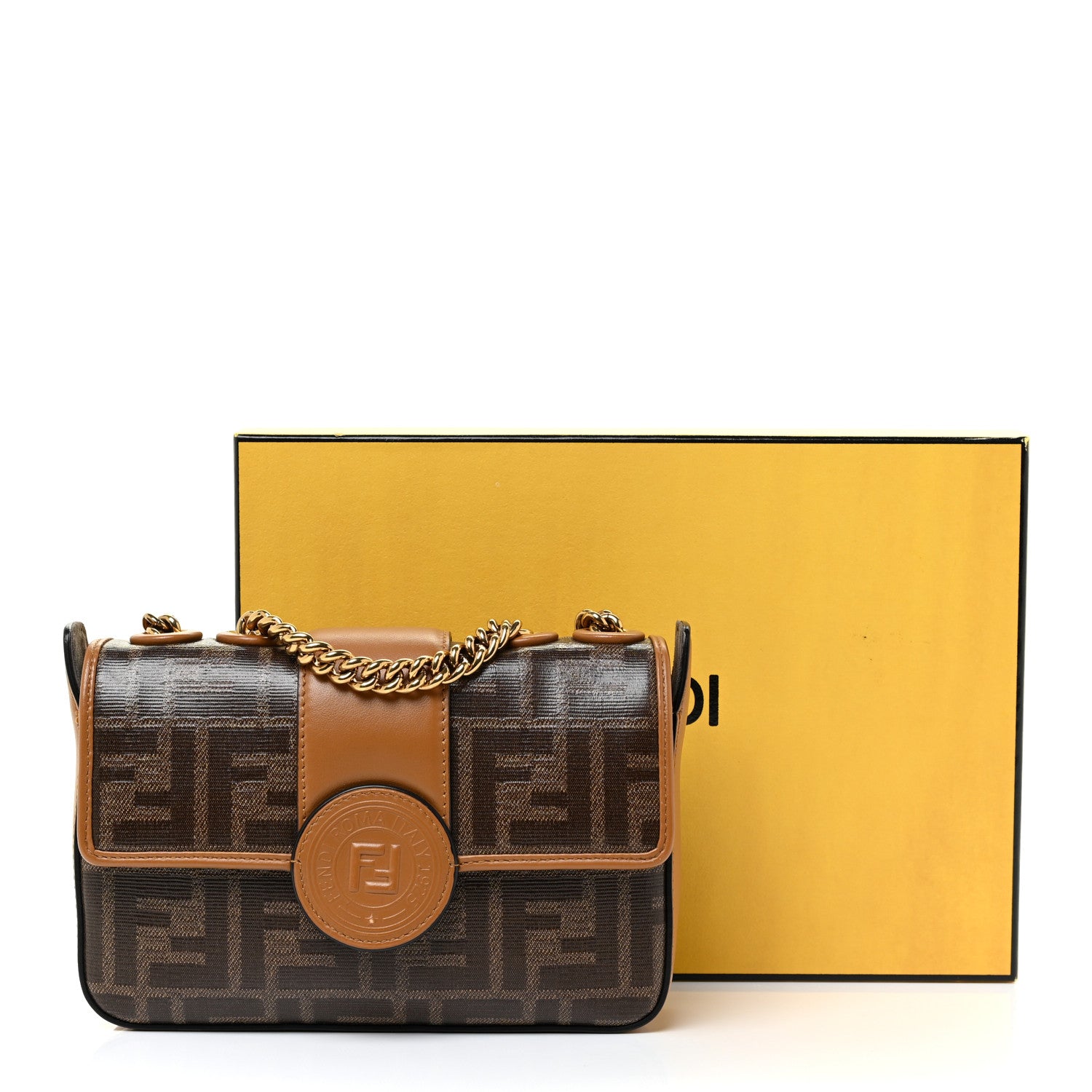 Fendi Glazed Fabric Vitello Century FF 1974 Stamp Patch Mini Double F Crossbody Bag Mogano Panna Caramello 12 of 12
