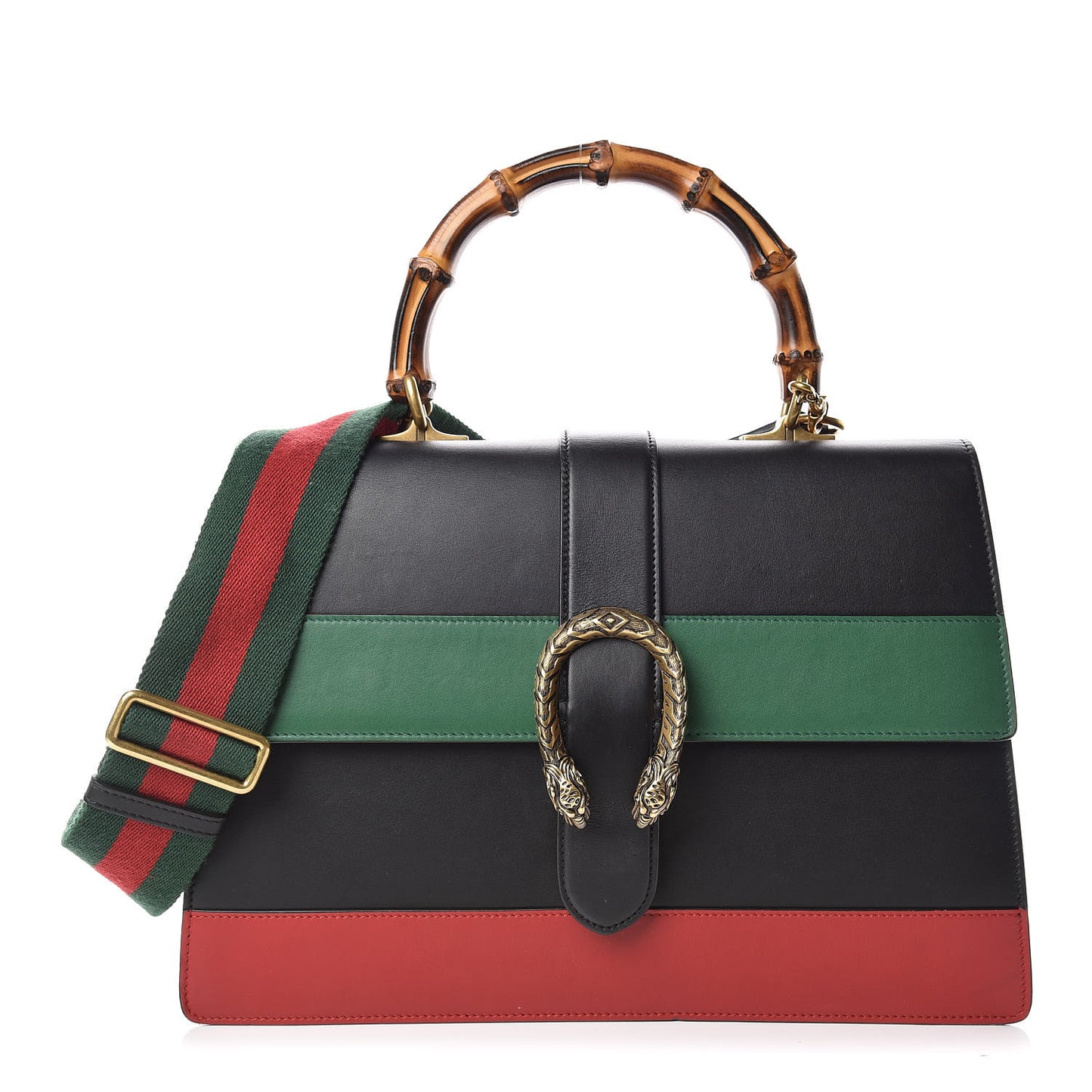 Calfskin Bamboo Web Large Dionysus Top Handle Bag Black Bright Evergreen Hibiscus Red