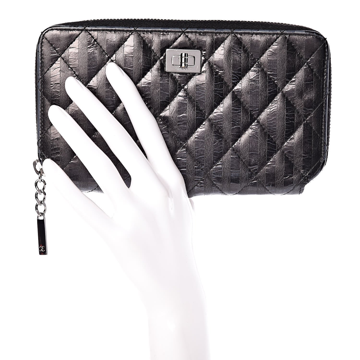 Chanel Aged Calfskin Striped Reissue Zip Around Wallet Black 2 of 10