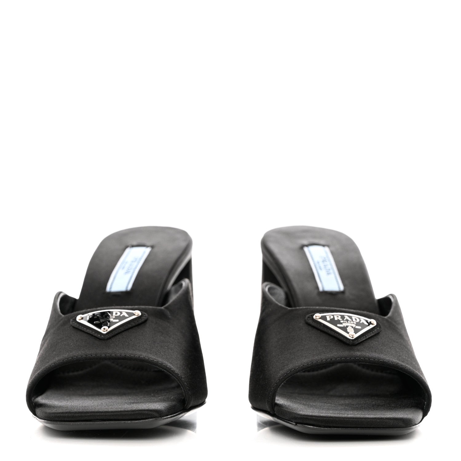 Prada Satin Metal Triangle Logo 85mm Slide Sandals 37 Black 2 of 8