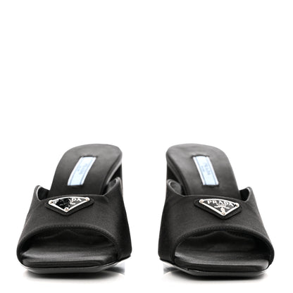 Prada Satin Metal Triangle Logo 85mm Slide Sandals 37 Black 2 of 8