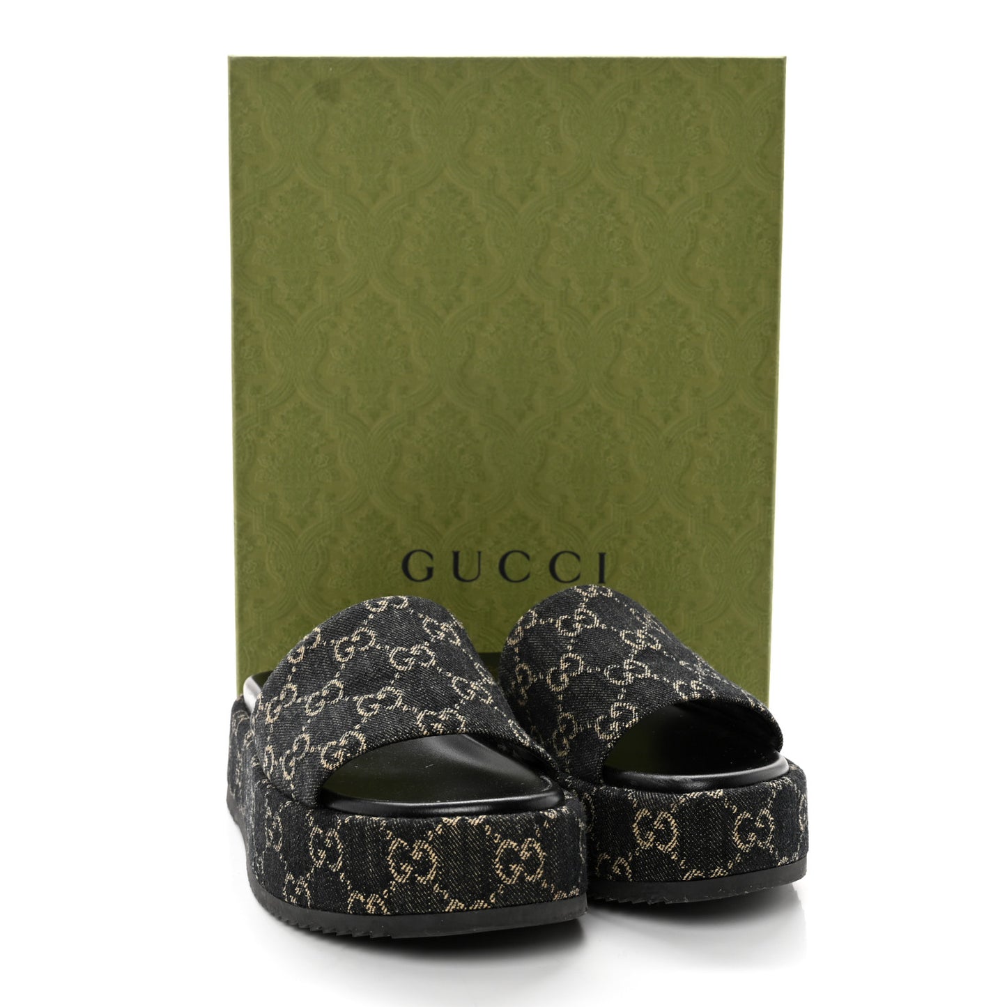 Jacquard Black Denim GG Monogram Angelina Platform 55mm Slide Sandals 38 Black Ivory