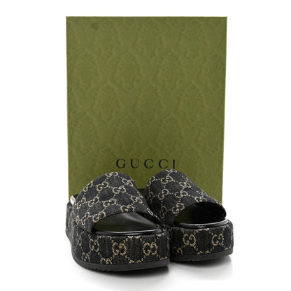 Gucci Jacquard Black Denim GG Monogram Angelina Platform 55mm Slide Sandals 38 Black Ivory 13 of 13