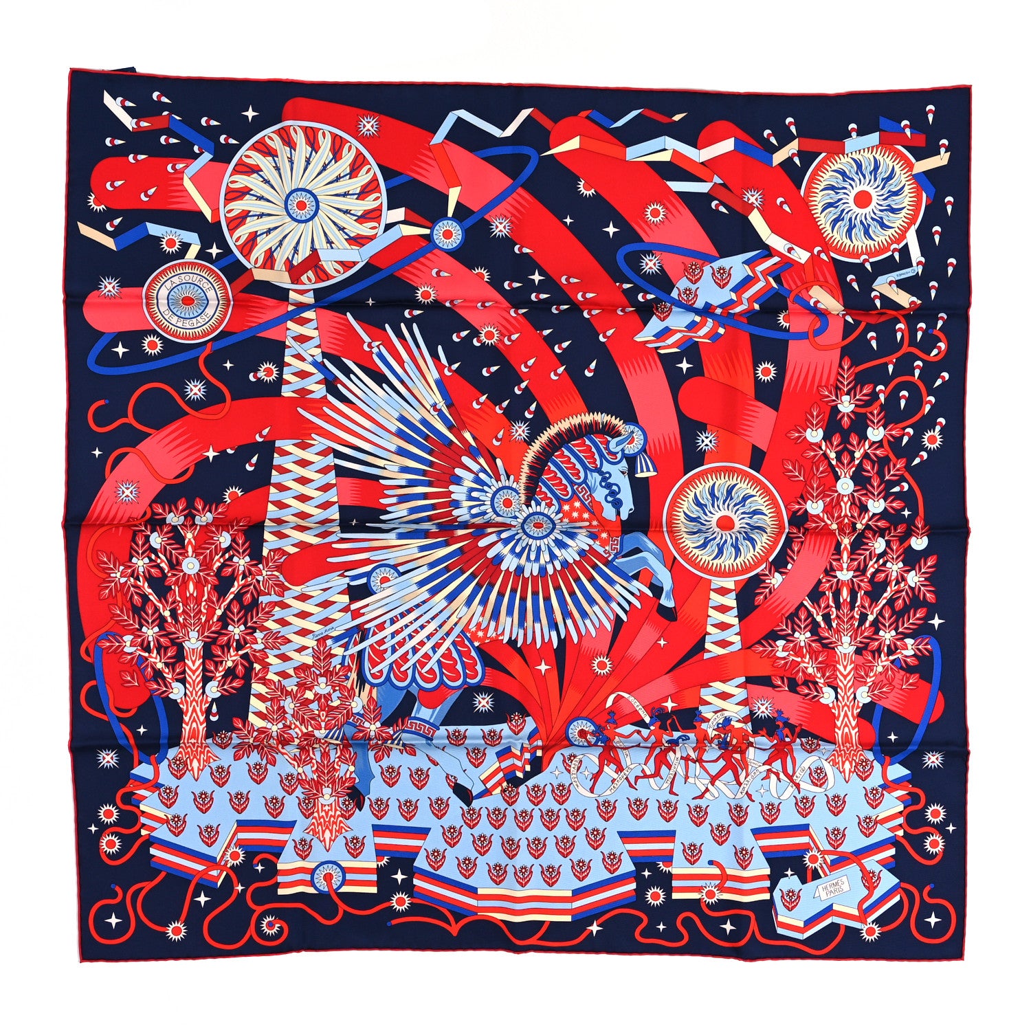 Hermes Silk La Source De Pegase Scarf 90 Marine Rouge Ciel 1 of 5