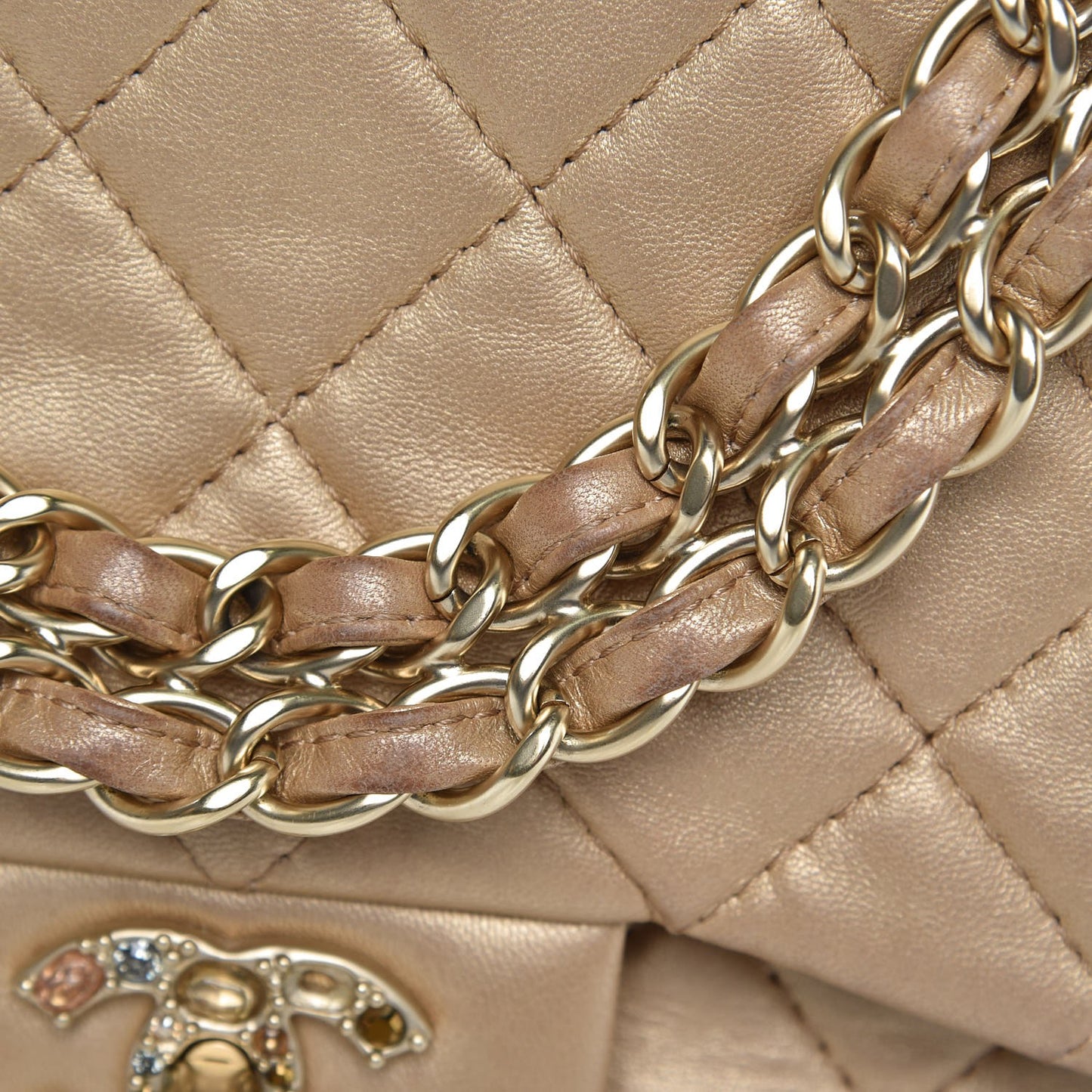 Metallic Lambskin Quilted Medium Precious Jewel Single Flap Gold
