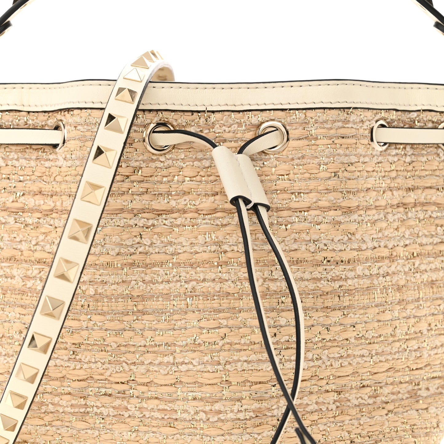 Metallic Boucle Raffia Calfskin Rockstud Drawstring Bucket Bag Ivory Gold