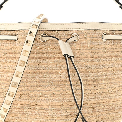 Valentino Garavani Metallic Boucle Raffia Calfskin Rockstud Drawstring Bucket Bag Ivory Gold 7 of 11