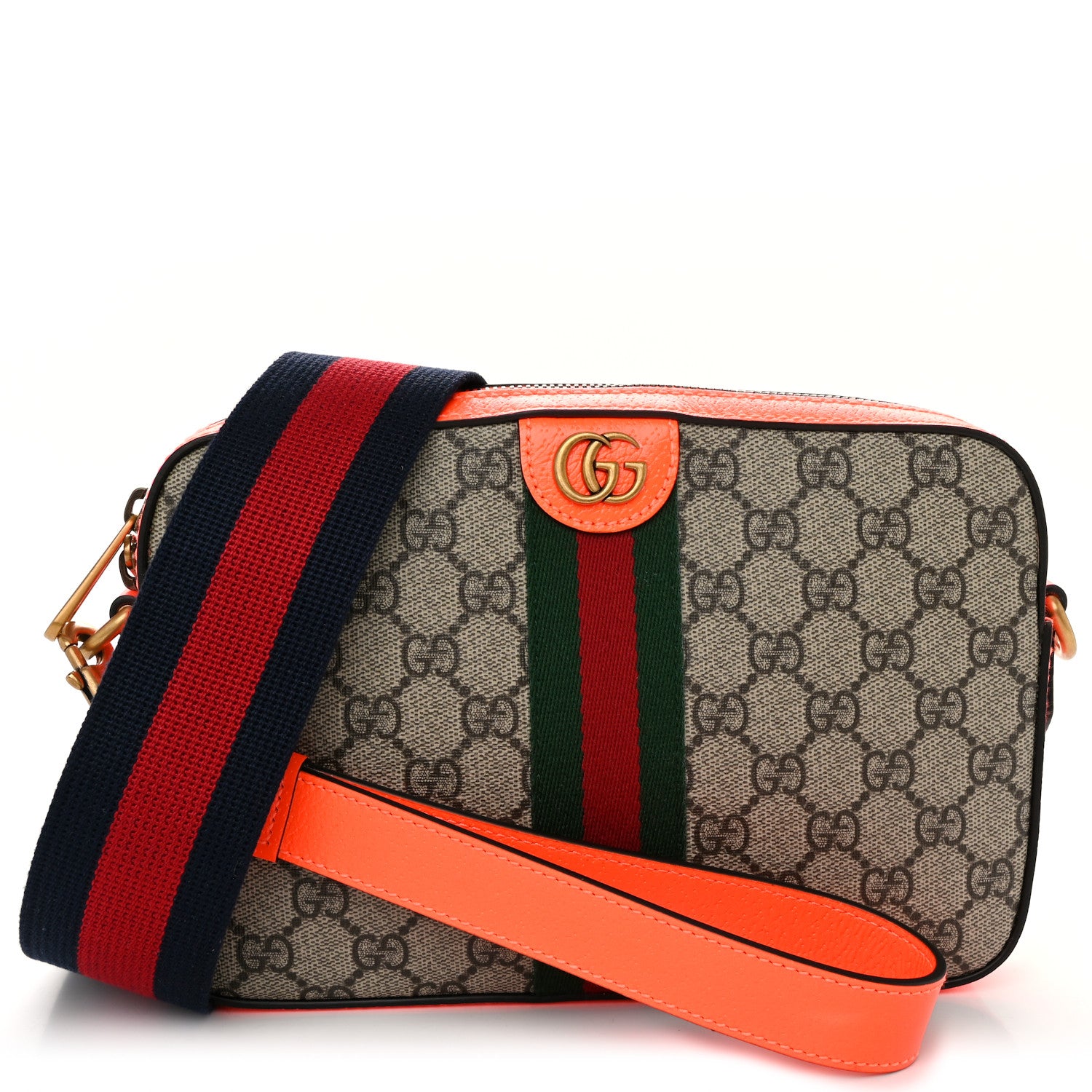 Gucci GG Supreme Monogram Textured Dollar Calfskin Web Ophidia Wristlet Shoulder Bag Beige Ebony Orange 1 of 10