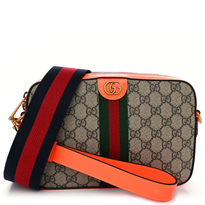 Gucci GG Supreme Monogram Textured Dollar Calfskin Web Ophidia Wristlet Shoulder Bag Beige Ebony Orange 1 of 10