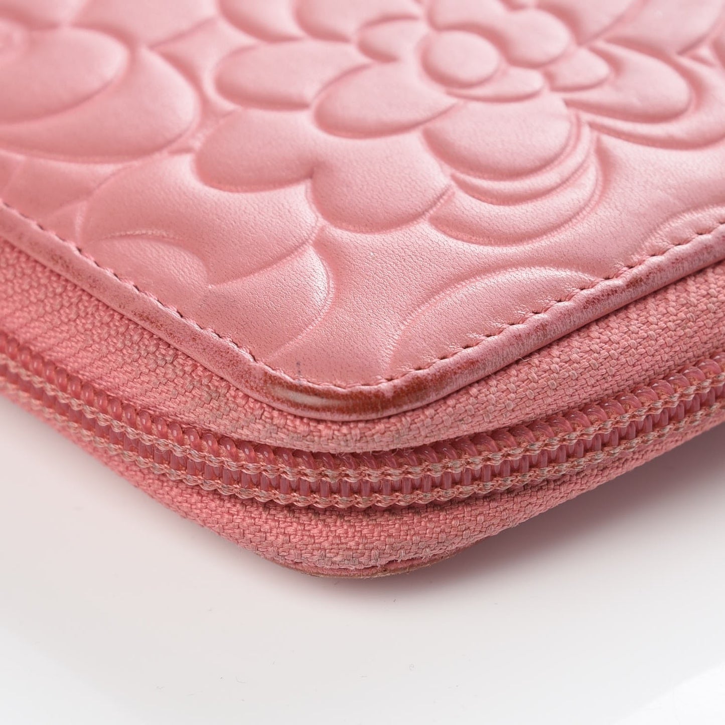 Lambskin Camellia Embossed Zip Around Large Gusset Wallet Pink