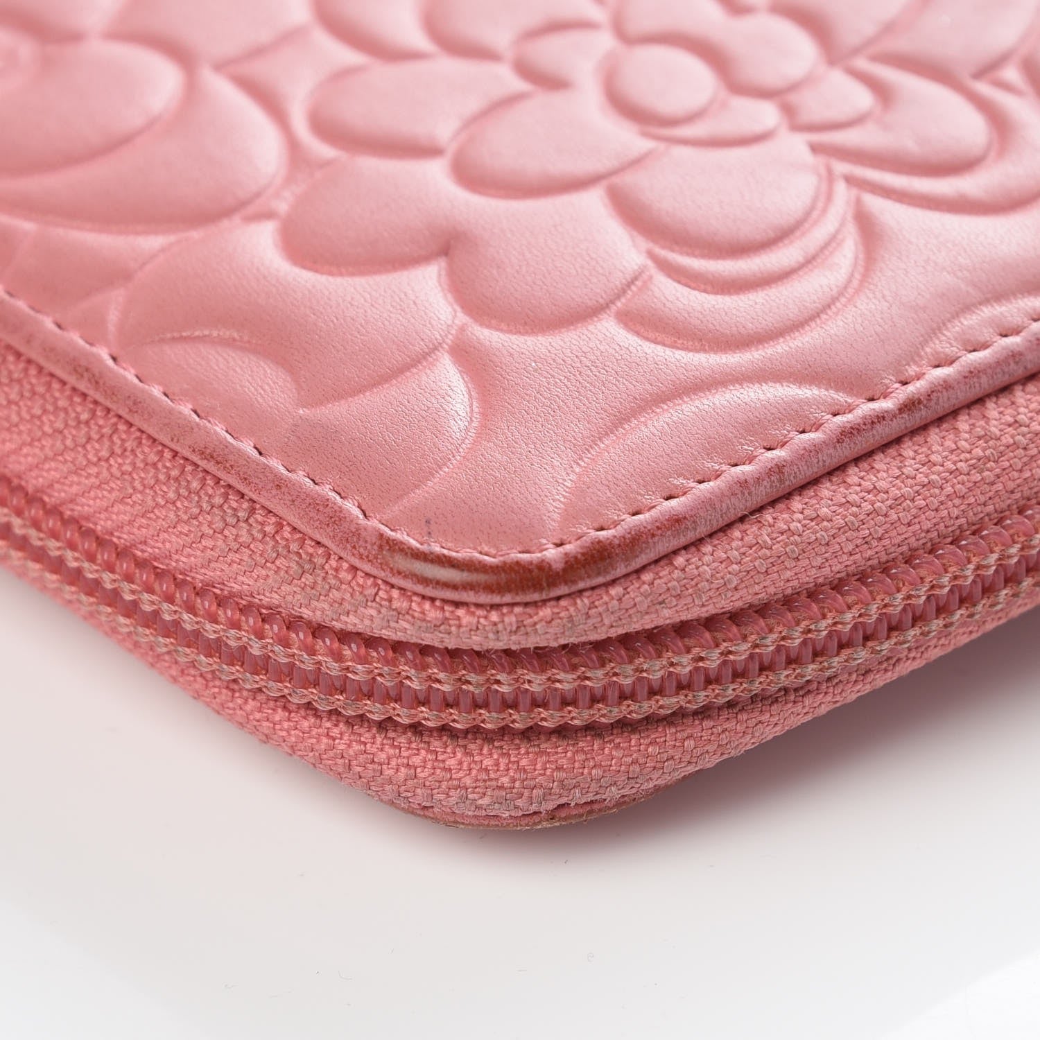 Chanel Lambskin Camellia Embossed Zip Around Large Gusset Wallet Pink 9 of 15