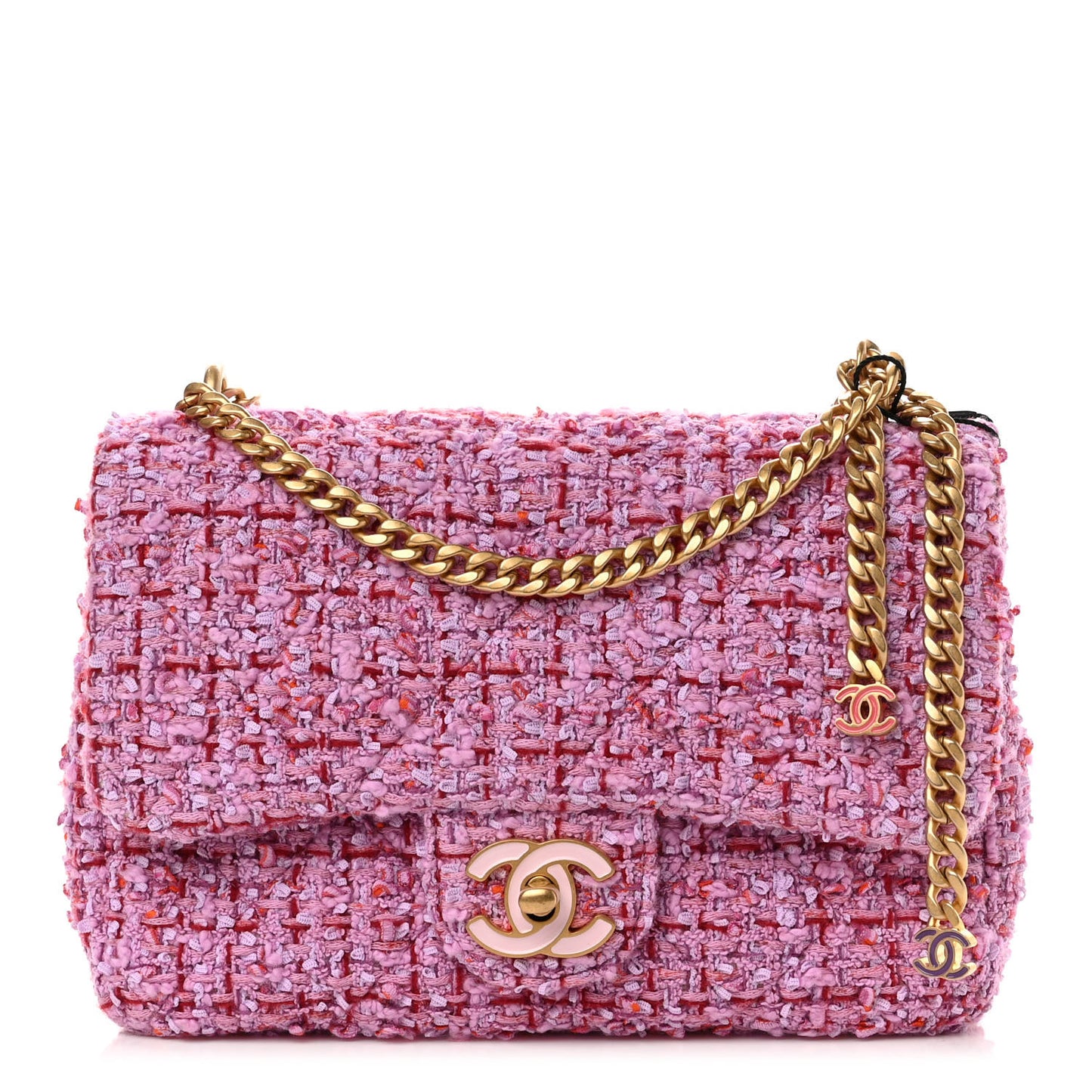 Tweed Enamel Quilted Mini Pending CC Square Flap Light Purple Pink Red