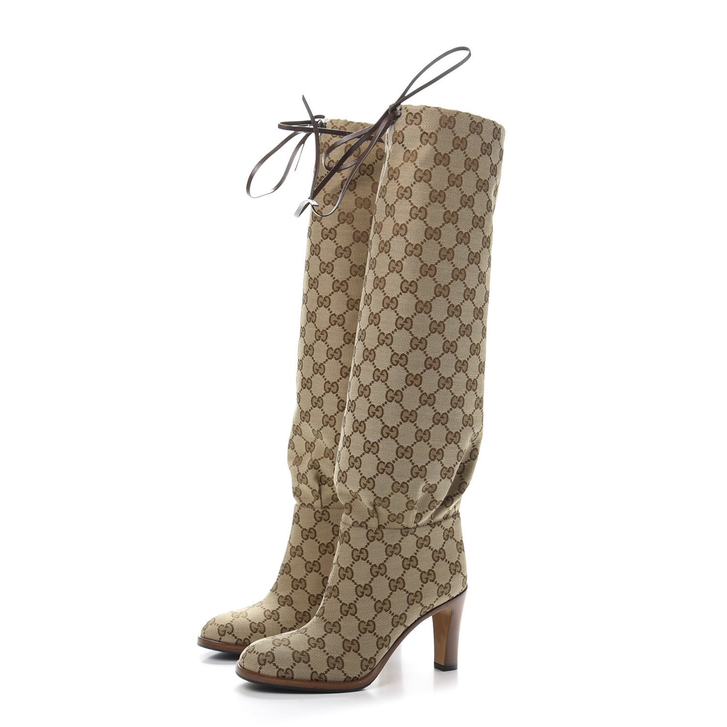 Monogram Malaga Kid Lisa Mid Heel Boots 35 Beige Ebony