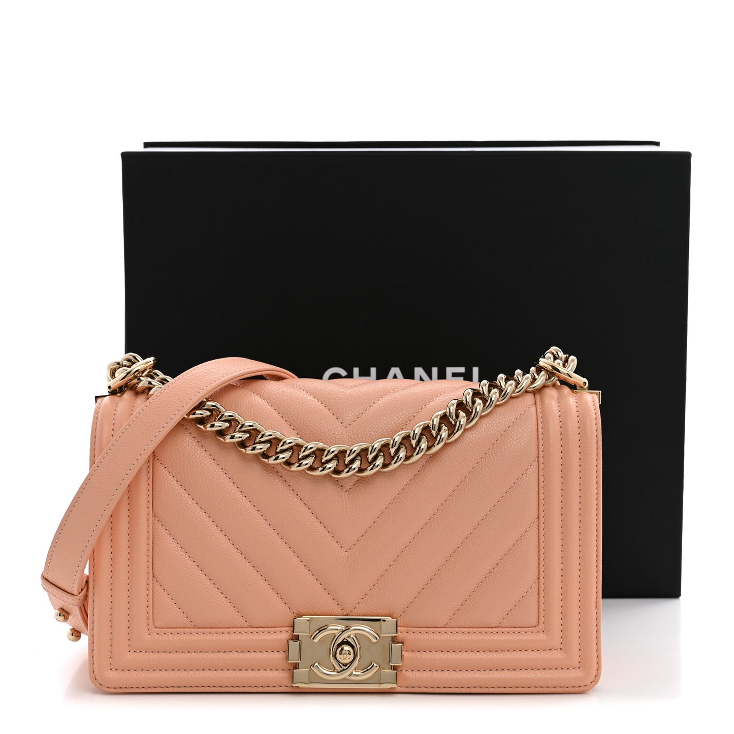 Caviar Chevron Quilted Medium Boy Flap Light Orange
